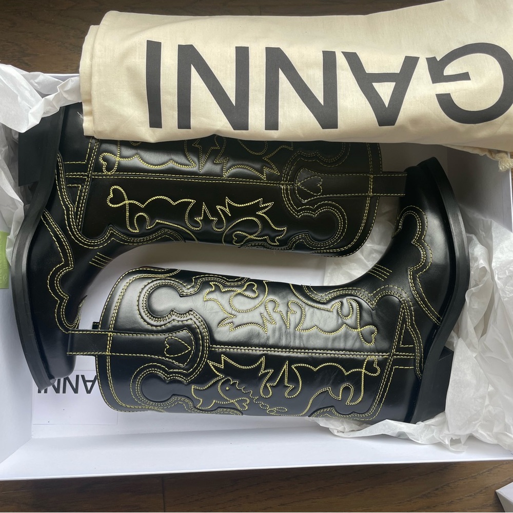 GANNI Black and Yellow Embroidered Boots
